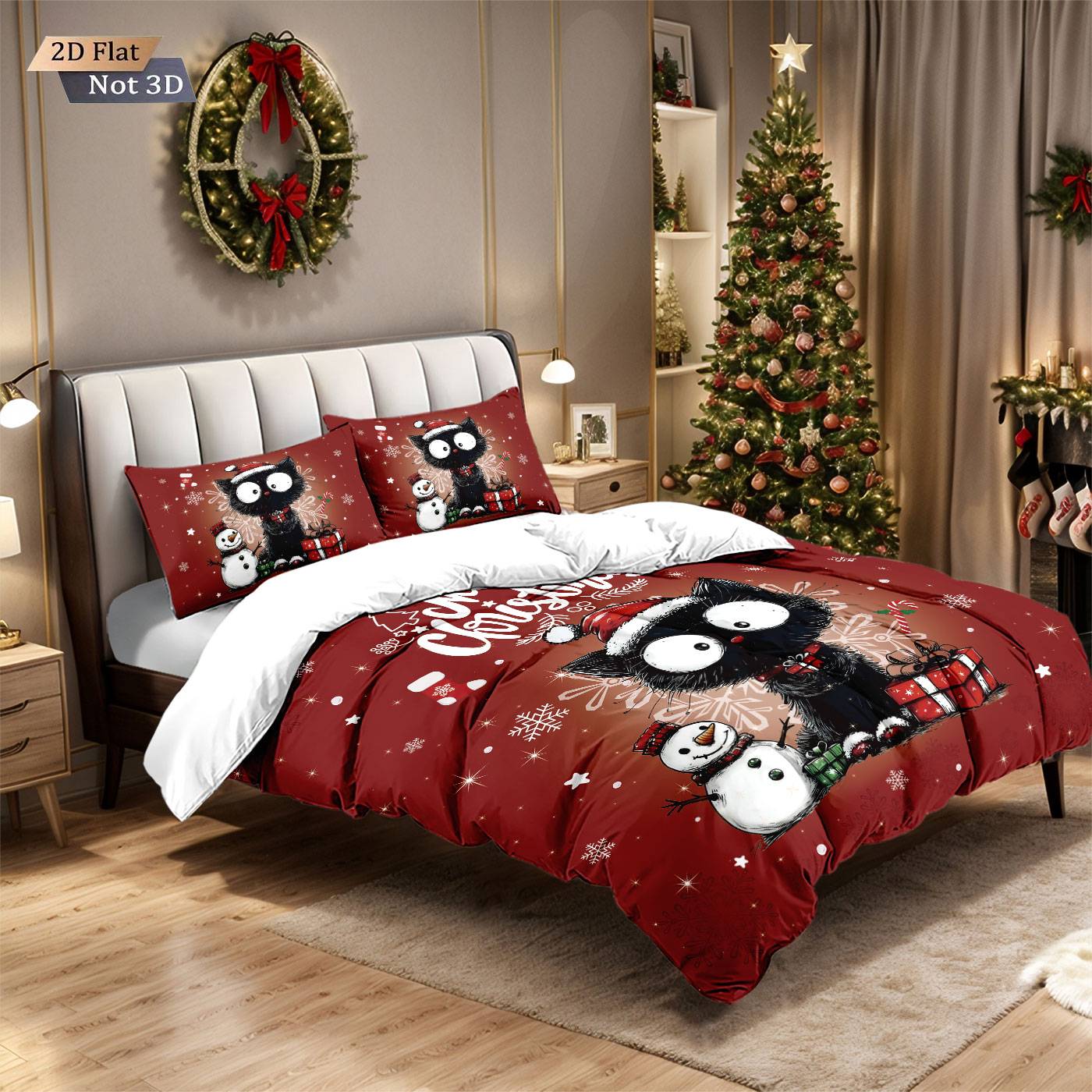 3pcs Christmas Cute Black Cat Print Choreless Bedding Set Multiple Size Bedroom Bedding Holiday Decoration Machine Washable