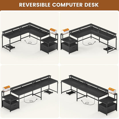 L Shaped Gaming Desk, 66" Home Office Desk with File Drawer & Power Outlet, Corner Gaming Computer Desk with Led Lights,