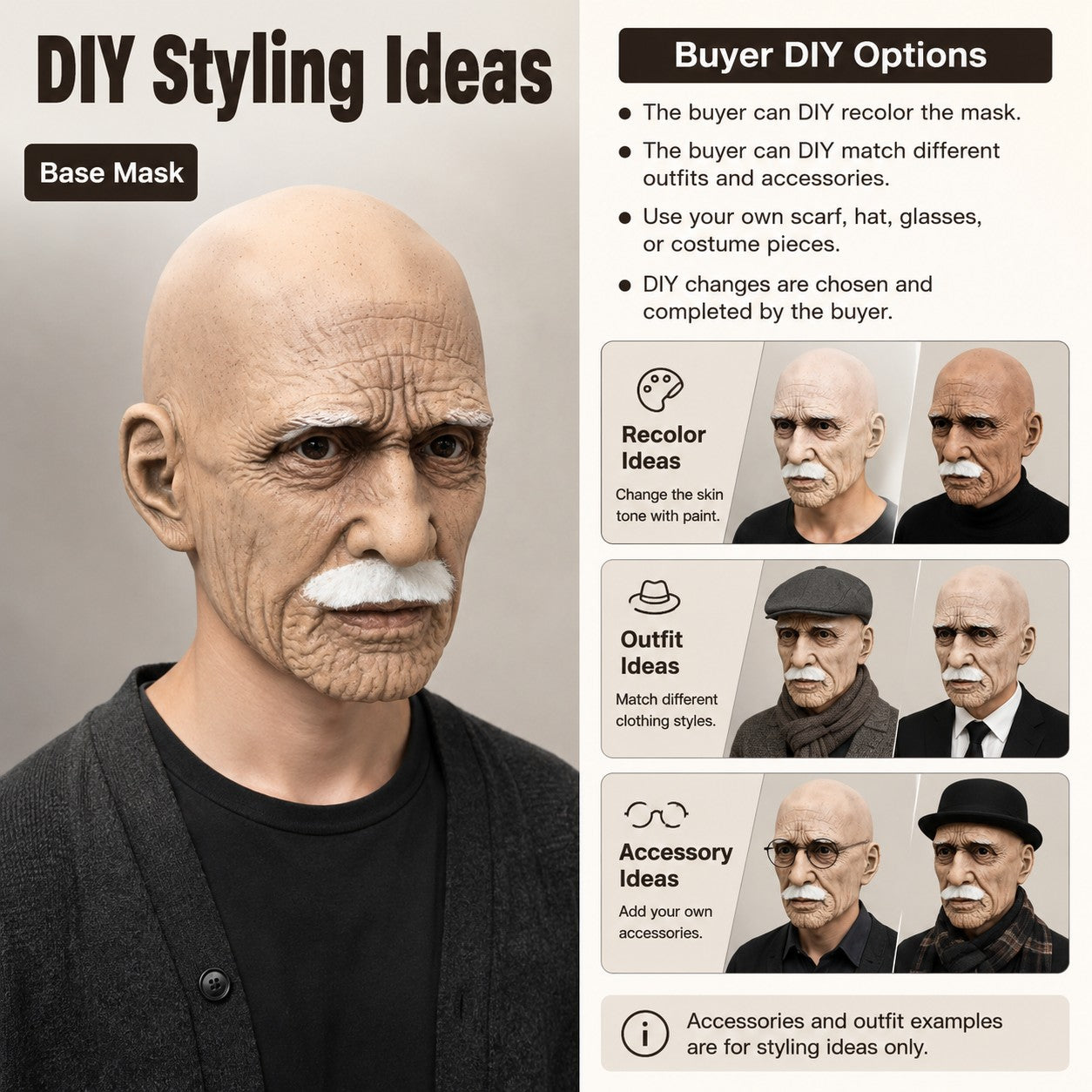 Realistic Full Head Latex Mask with Beard for Men Halloween Costume Party Prop Old Man Cosplay Headgear
