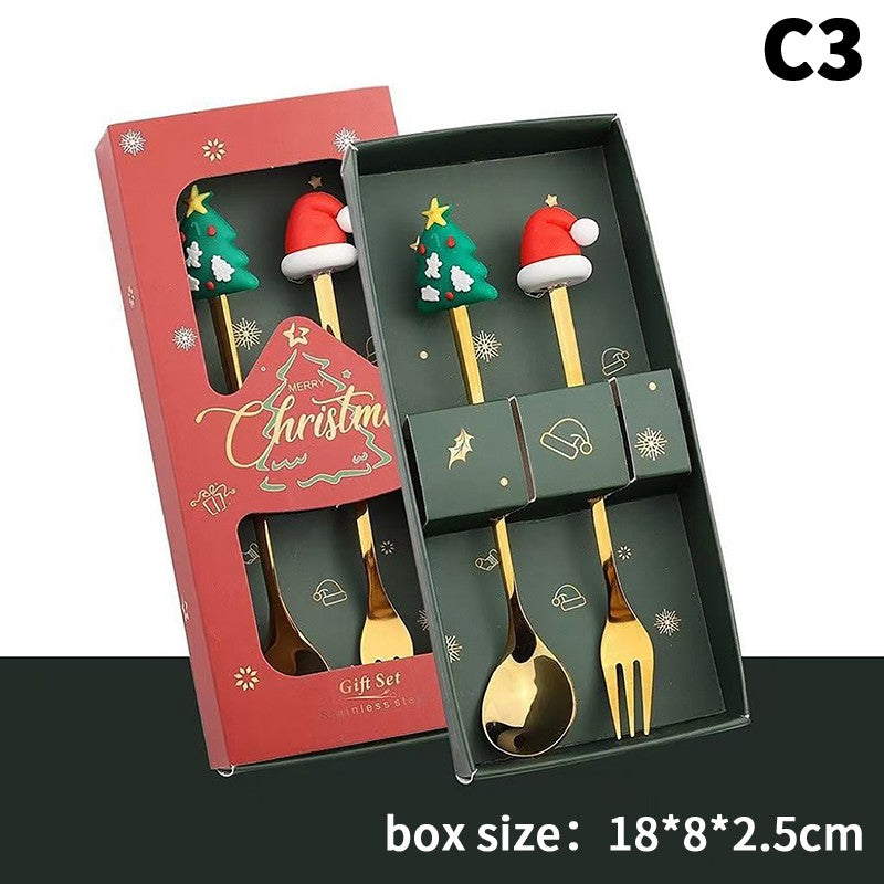 Stainless Steel Christmas Fork And Spoon Set with Gift Box for Coffee Tea Dessert Tableware