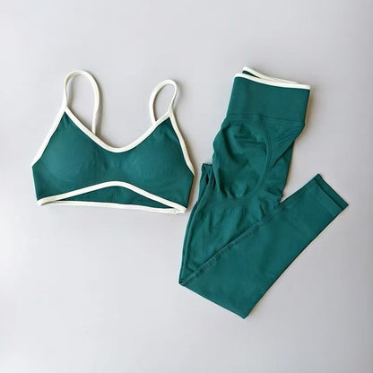 Women's Fitness Suit, Strappy Contrast Color Patchwork Sports Shockproof Slimming Quick-Dry Nude Feel Pants, Yoga Wear