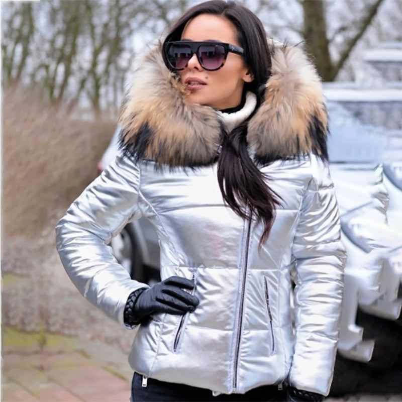 Women’s Short Coat with Fur Collar Winter Warm Quilted Jacket Outerwear