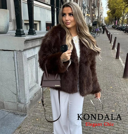 KONDALA Women Brown Faux Fur Jacket Fall Winter Jacket Lapel Loose Jacket 2025 Fashion High Street Elegant Female Jacket Coat