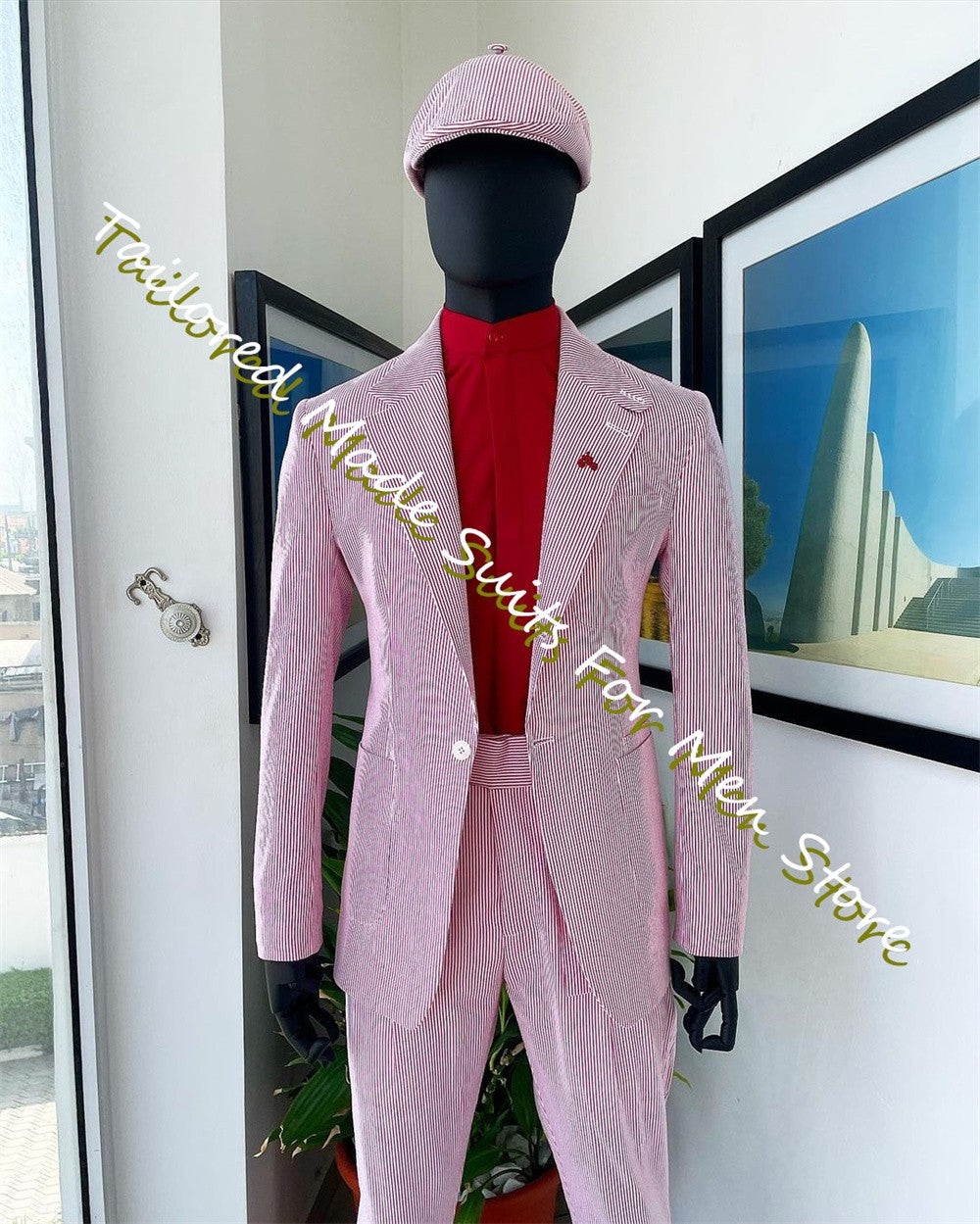 Summer Men'S Blazer Pink Seersucker Prom Dresses Slim Fit Men'S Suit Male Set 2 Pieces High Quality Luxury Jackets Trousers