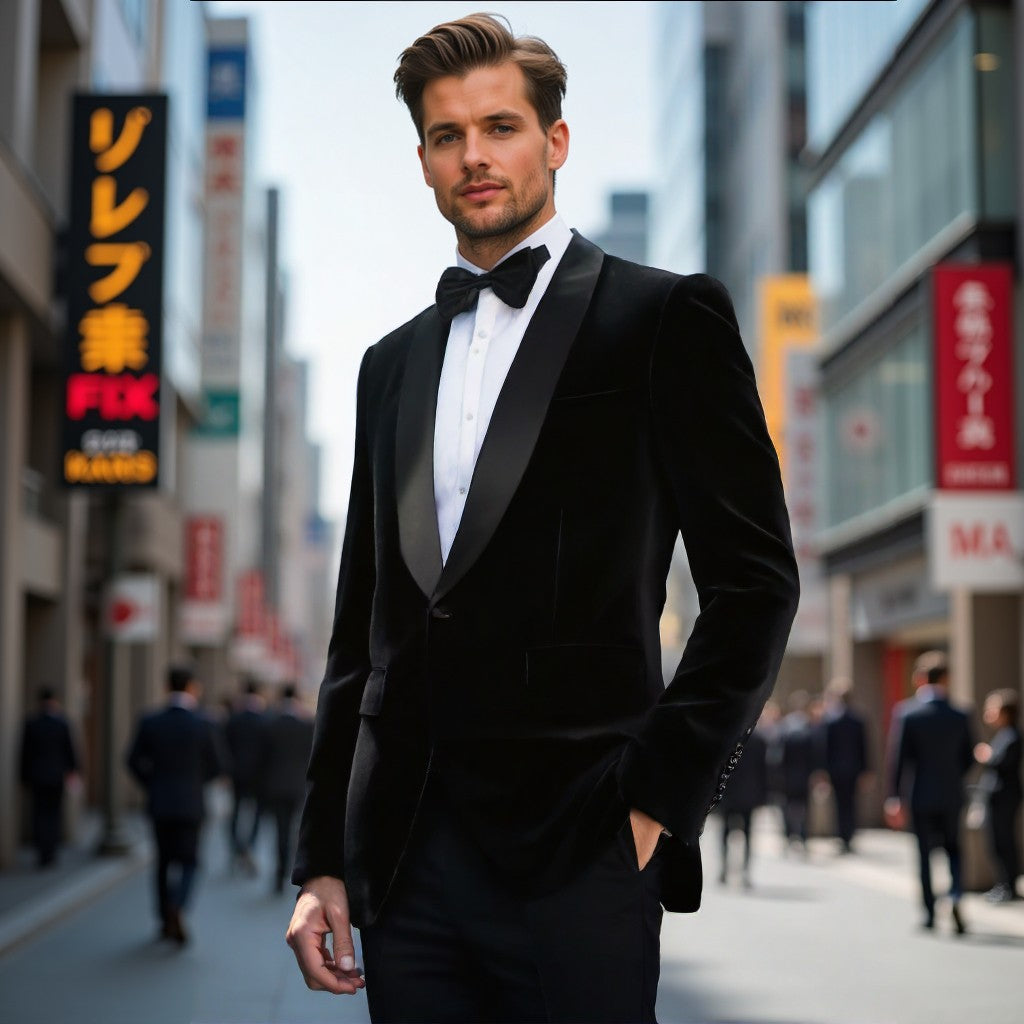 ?Velvet Elegance?Men's Single-Breasted Blazer | Long Sleeve Formal Jacket for Weddings, Business & Events