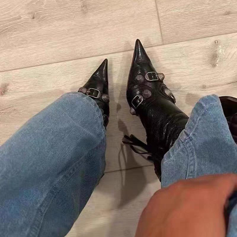 Autumn Winter Women Ankle Boots Sexy Pointed Toe Pole Dance High Heels Pumps Fashion Zip Rivet Chelsea Thin Shoes Female D171