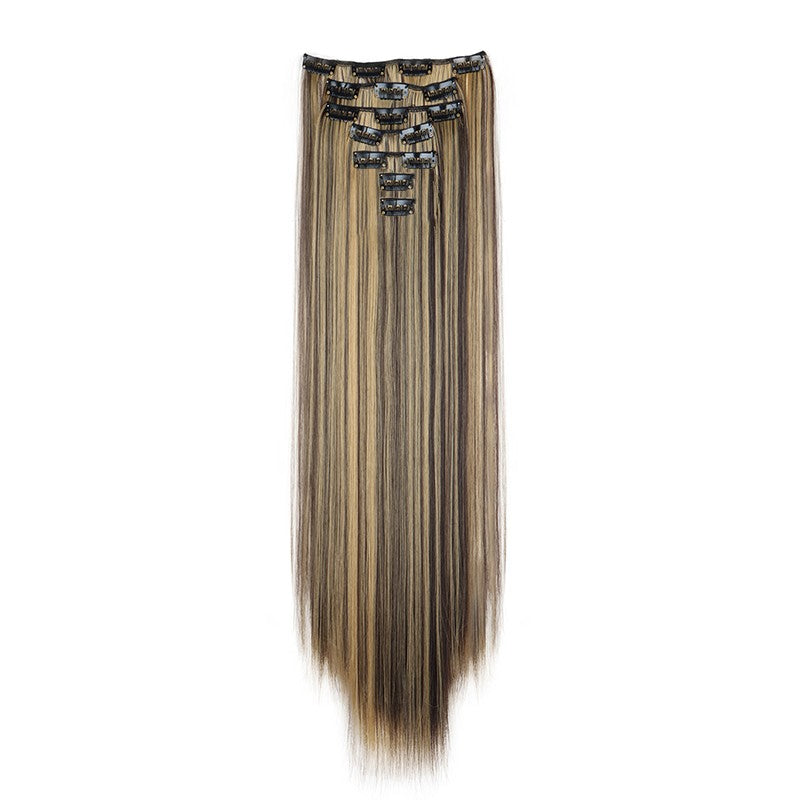 Extensão de cabelo liso longo sintético de 24 polegadas 7pçs/conjunto 16 clipes Penteado Preto Loiro Peruca para mulheres 2026