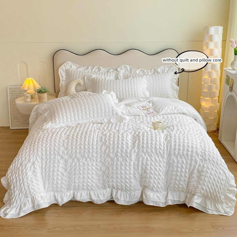 Conjunto de cama de renda coreana 3 peças de seersucker (1*Capa de Edredom + 2*Fronhas, Sem Enchimento) para quarto de hóspedes