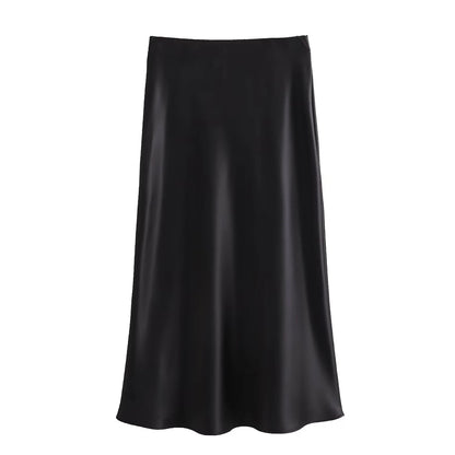 XNWMNZ Women's Fashion 2023 Flowing Satin Midi Skirt Women Vintage Elastic High