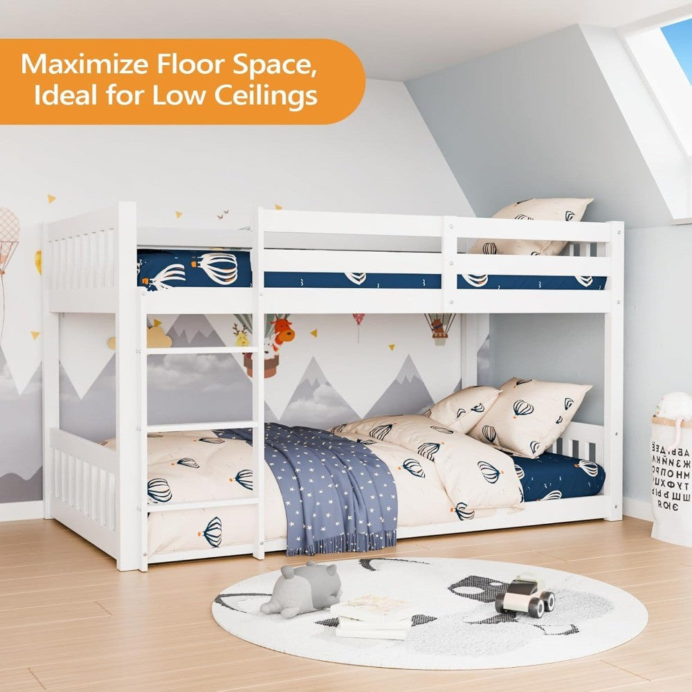 Beliche baixo de madeira maciça para crianças/adolescentes, estrutura de beliche com grades de proteção e escada para meninos e meninas, não é necessário estrado/box