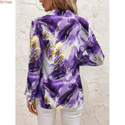 Women's Purple Long-Sleeve Shirt for Fall, Single-Button Collar Print Shirts, Fashionable Fitted Top for Girls.