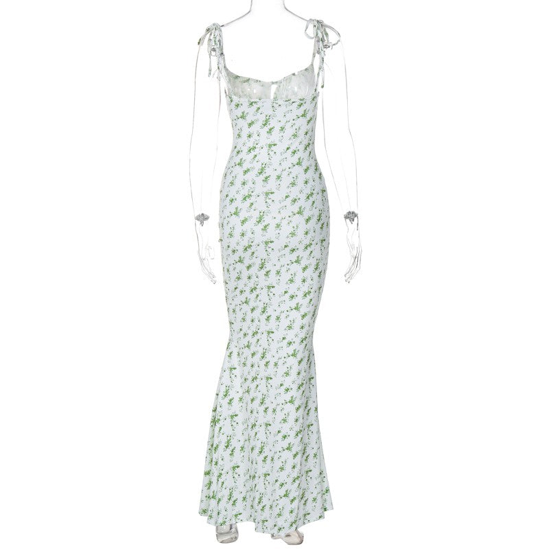 Hugcitar Floral Print Sleeveless Backless Slips Lace Up Maxi Dress Sexy Bodycon
