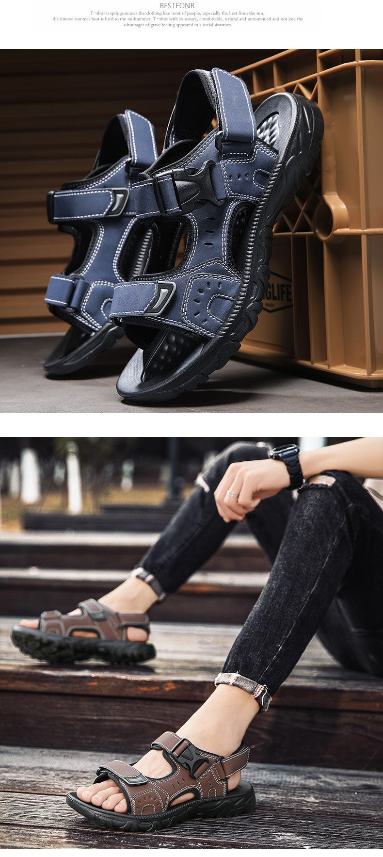 Summer Men Sandals PU Leather Lightweight Open Toe Flat Mens Casual Shoes Outdoor Walking Sandals for Men Beach Shoes Size 39-46