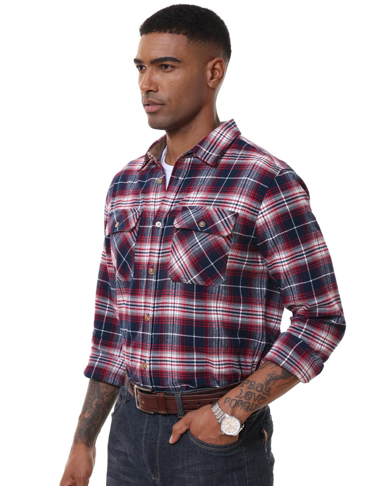 MAGCOMSEN Flannel Shirts Men's Long Sleeves Cotton Long Sleeve Plaid Shirt with 2 Pockets Button Down Casual Corduroy Shirt Male