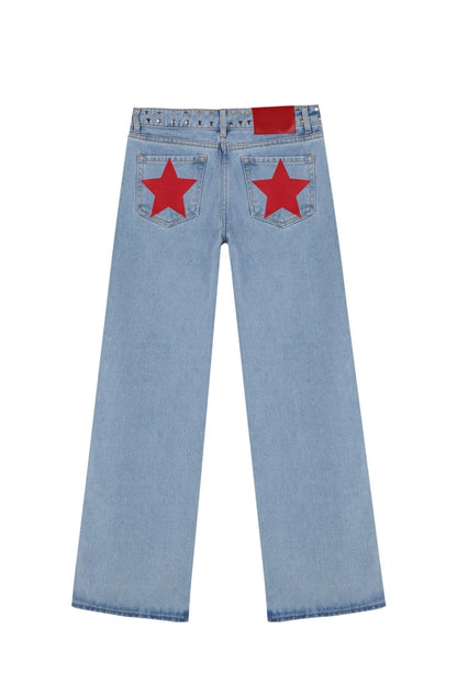 Spanish Fashion ONE DILEMMA Five-pointed Star Pattern Rivet Decorative Black Jeans Women's Autumn Multiple Light Blue Jeans
