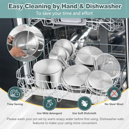Conjunto de Panelas e Frigideiras de Aço Inoxidável 3 Camadas 10 Peças, Conjunto de Utensílios de Cozinha em Aço Inoxidável para Indução, Conjunto de Cozinha Não Tóxico