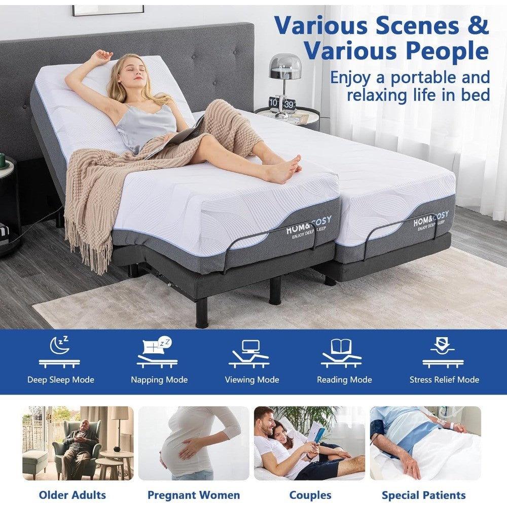 Twin XL Adjustable Beds with Thickened Foam Frame, Adjustable Bed Base with Wireless Remote, Separate Head/Foot Lift, Ea