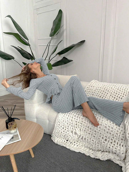 Home Wear Sexy V-neck Fashionable Length Pants Set Autumn Winter Comfortable Casual Slim Fit Women Two-piece Set pajama