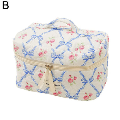 Cute Bow Flower Cloth Handbag Quilting Cotton Makeup Bag Women Zipper Cosmetic Organizer Portable Toiletry Case for Girls