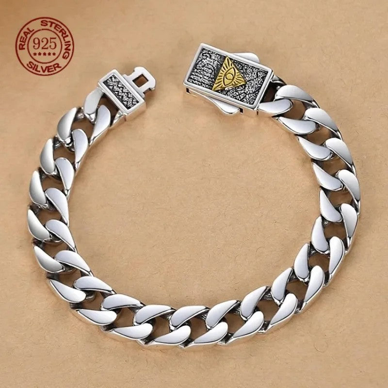 Pulseira Cubana Masculina Olho de Hórus Olho de Deus em Prata 925 Esterlina Moda Hip Hop Presente Simples Acessórios de Joias da Moda