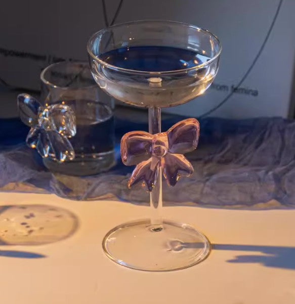 Taça Decorativa de Vidro com Laço Grande Rosa Copo de Vidro Taça de Vinho com Alça de Laço Copos Resistentes ao Calor Tigela de Sobremesa e Sorvete de Alto Borossilicato