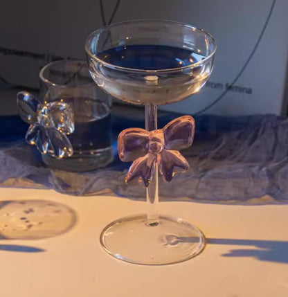 Taça Decorativa de Vidro com Laço Grande Rosa Copo de Vidro Taça de Vinho com Alça de Laço Copos Resistentes ao Calor Tigela de Sobremesa e Sorvete de Alto Borossilicato