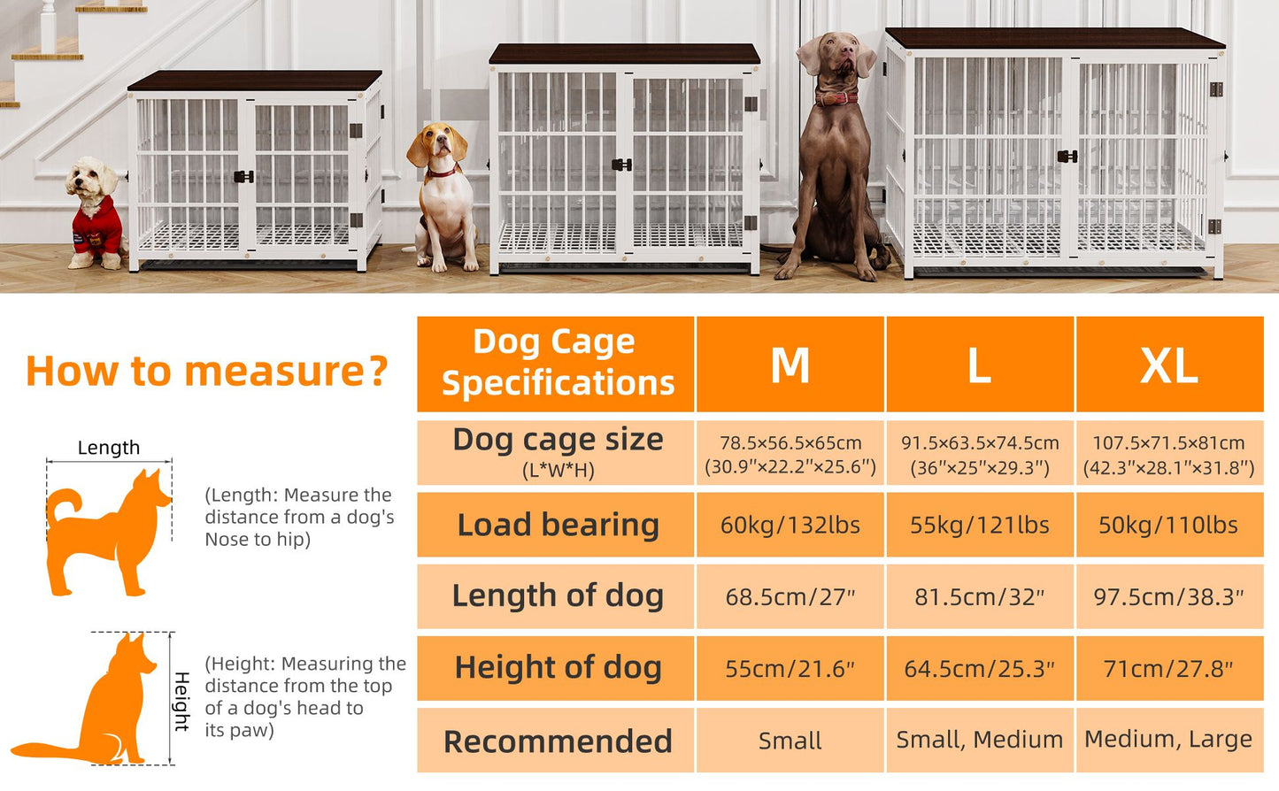 Caixa de Madeira Grande para Cães, Estilo Móvel Interno, Gaiola Elevada para Cães de Estimação, Canil, Mesa de Apoio, Cercado com Treliça, 3 Portas, Bandeja Removível