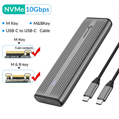 PHIXERO M.2 NVMe SATA SSD Enclosure Duplo Protocolo NVMe para Adaptador USB 10Gbps USB 3.1 Gen2 USB C Case Externo Liga de Alumínio