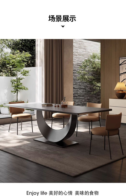 Modern Rectangle Minimalist Rock Slab Restaurant Dining Table And Chairs Stainless Steel Frame Leather Dining Chair Italian