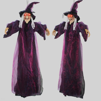 Bruxa Falante em Tamanho Real de Halloween Roxo Assustador Decoração Gritante Controlada por Voz com Olhos Brilhantes