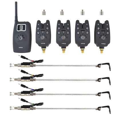 Alarme de picada de pesca sem fio conjunto 1+4 com 4 indicadores de picada luminosos em estojo EVA para pesca de carpas B1203S