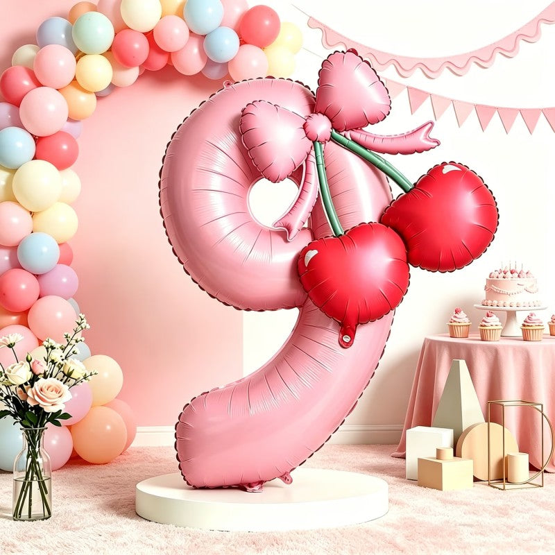 Cherry & Bow Balloon Kit Pink Number Balloons Birthday Wedding Anniversary Holiday Party Background Shooting Props