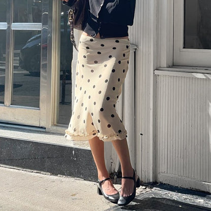 BIIKPIIK Casual Women Polka Dot Skirts Lettuce Trim Beige Elegant Midi Skirts St