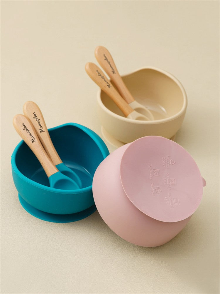 3PCS Custom Baby Feeding Set Spoon Fork BPA Free Silicone Suction Bowl For Toddlers Self Feeding Training Children's Tableware
