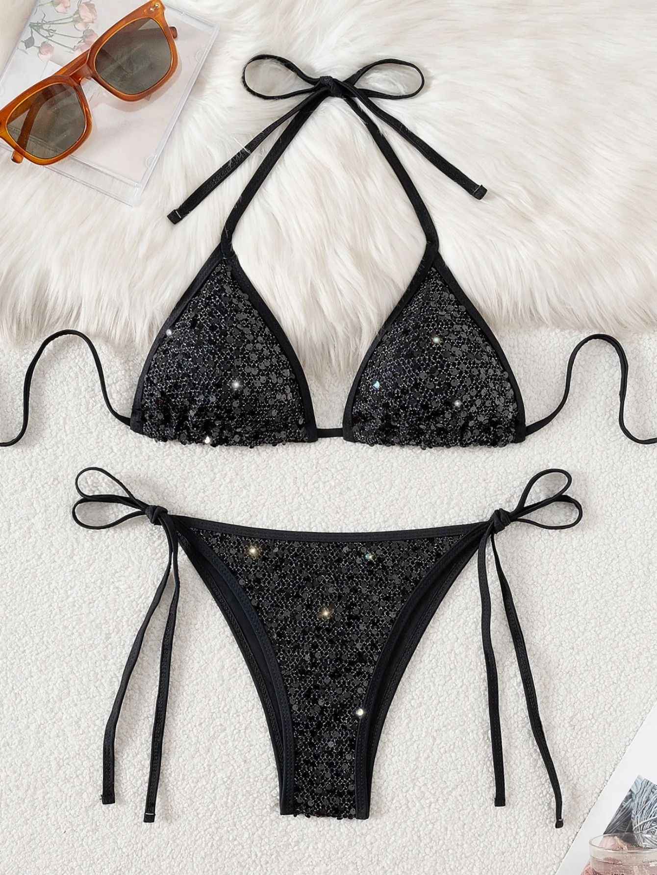 Shiny Sequin Black Bikini Set Women Sexy Push Up Bra Tie Side Triangle Swimsuit 2025 Brazilian Beach Bathing Suit Micro Swimwear