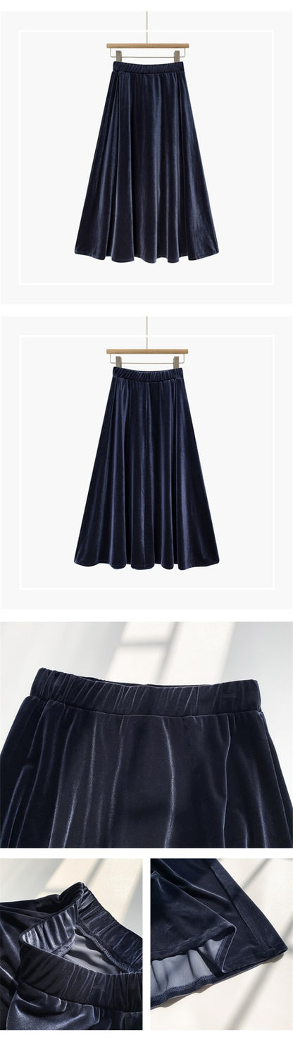 French Style Black Velvet Skirt For Women High Waist A-Line Velour Skirts Spring Autumn Simple High Street Long Skirts Plus Size