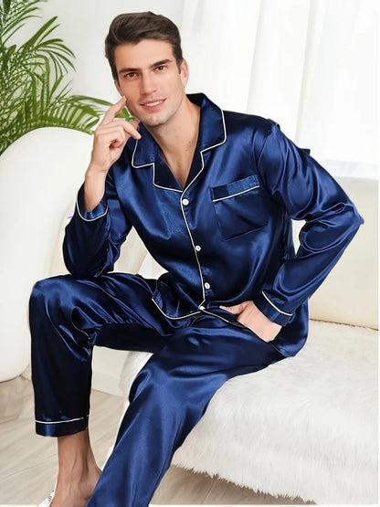 Men Pajama Sets Microfiber Sleepwear For Sleeping Man Shirt Satin Long Sleeve Pyjamas Male Home Night Wear Big size Loungewear