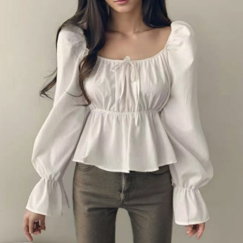2025 Fashion New Ruffle White Long sleeved Women's Blouses Square Neck Sexy Short Shirt Korean Style Flare Sleeve Sweet Tops