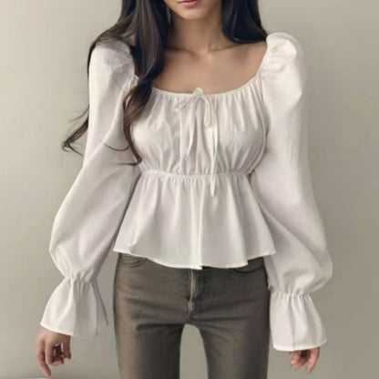 2025 Fashion New Ruffle White Long sleeved Women's Blouses Square Neck Sexy Short Shirt Korean Style Flare Sleeve Sweet Tops