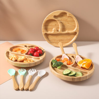 4pcs Bamboo Plate Sets Baby Feeding Bowl Wooden Kids Feeding Supplies Spoon Fork for Baby Tableware Suction Plate Bowl Cup