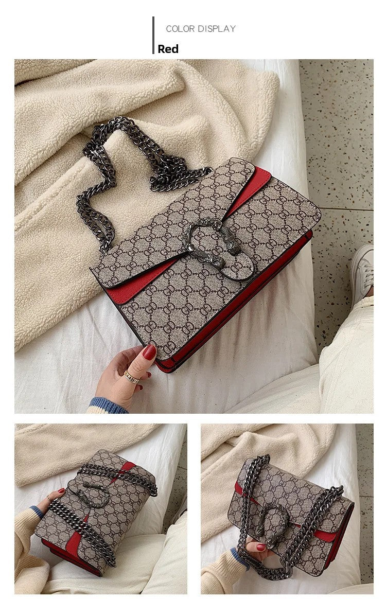 Women Stylish Retro Print Shoulder Crossbody Bag Fashionable Chain Underarm Purse Medium Hardness Polyester Lining