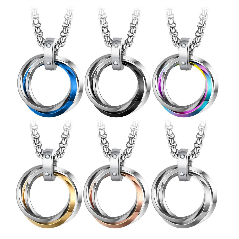 Colar Masculino Hip-hop Três Anéis Aço Titânio Não Desbota Simples Refinado Pequena Personalidade Marca Maré Vermelha Pingente