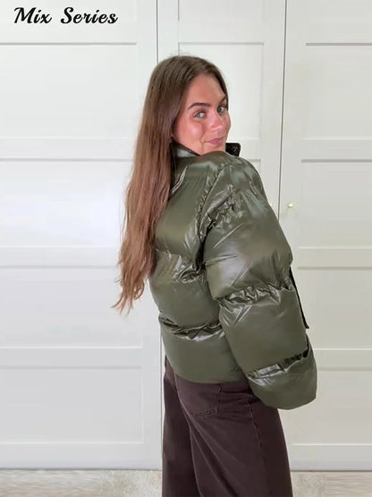 Fashion Glossy Padded Jacket Women's Solid Turtleneck Long Sleeve Warm Down Coat 2025 Autumn Winter New Lady Casual Outerwear