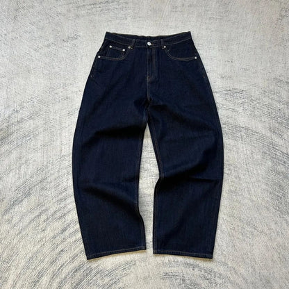 Calça jeans Hip-hop com moedas douradas Y2K retro cintura baixa perna larga com zíper calças jeans soltas bordadas moda masculina Y2K