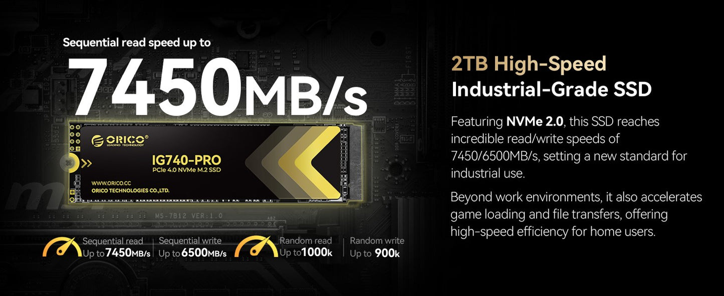 ORICO NVMe 2.0 SSD Interno de Estado Sólido TLC PCIe Gen4 M.2 2280 7450MB/s para Workstations de Computação de Alto Desempenho e PlayStation