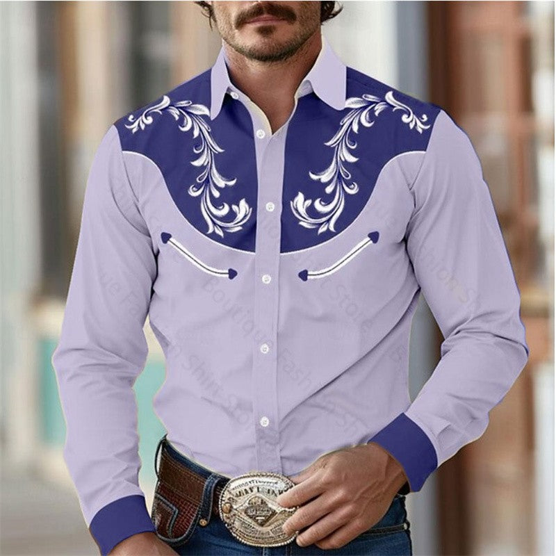 Floral Retro Western Men's Shirt Outdoor Street Casual Daily Spring and Summer Lapel Long Sleeve S-5XL Stretch Fabric Shirt