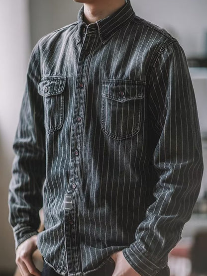 Streetwear Men's Denim Shirts Casual Long Sleeve Buttoned Lapel Striped Blouse Shirt for Men Spring Casual Cargo Shirt Tops