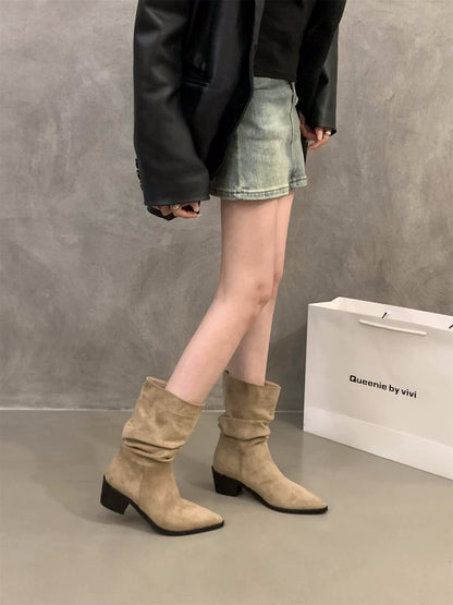 Vintage Pointed Toe Women Ankle Boots Fashion Elegant Soft Suede Shoes Autumn Winter Low Heel Women's Short Booties D423