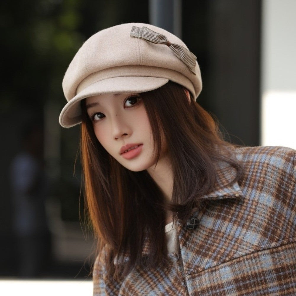 Retro Wool Bow Beret Solid Color Warm Painter Hat Versatile Y2k Newsboy Hat Female
