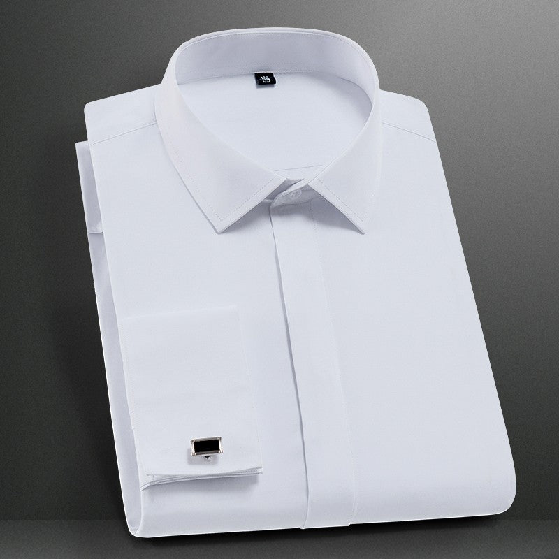 Men's Classic French Cuff Dress Shirt Covered Placket Long Sleeve Tuxedo Male Shirts with Cufflinks No Pocket Office Work White
